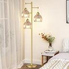 Gold Floor Lamp for Living Room,Bedroom,Tree 3 Light Standing Lamp Mid Century Modern Brass Tall Floor Lamps Vintage Retro Floor Lights Glass Flower Amber Lamp Shade Farmhouse Boho Bohemian