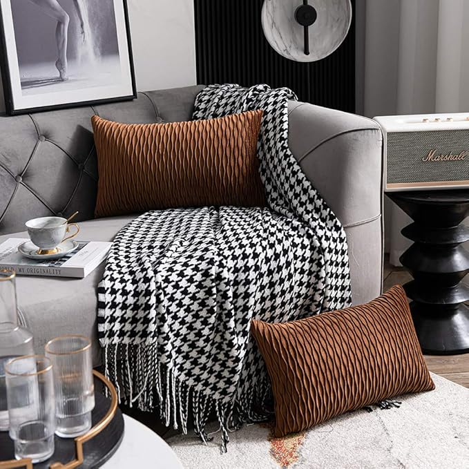 Light Brown Throw Pillow Cases: 2 Pack 12x20 Inch Original Stripe Velvet Rectangular Decorative Pillow Covers for Farmhouse Couch
