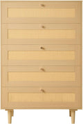 VEVOR 5 Drawer Rattan Dresser, 46" Tall Dresser for Bedroom, Boho Dresser Chest of Drawers with Gold Handles & Wooden Legs, Wood Clothing Storage Closet for Nursery, Living Room, Hallway, Natural Oak