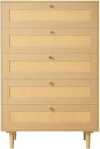 VEVOR 5 Drawer Rattan Dresser, 46" Tall Dresser for Bedroom, Boho Dresser Chest of Drawers with Gold Handles & Wooden Legs, Wood Clothing Storage Closet for Nursery, Living Room, Hallway, Natural Oak