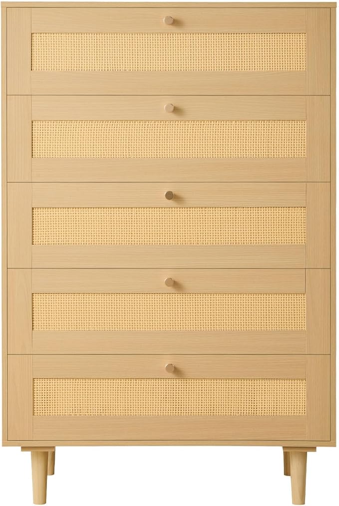 VEVOR 5 Drawer Rattan Dresser, 46" Tall Dresser for Bedroom, Boho Dresser Chest of Drawers with Gold Handles & Wooden Legs, Wood Clothing Storage Closet for Nursery, Living Room, Hallway, Natural Oak