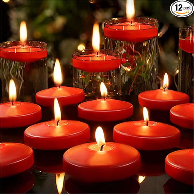 12 Pack Red Floating Candles 3 inch, Unscented Traditional 3" Floating Candles for Centerpieces,7 Hours Burning, Red Water Candles for Cylinder Vases, Wedding, Party, Pool