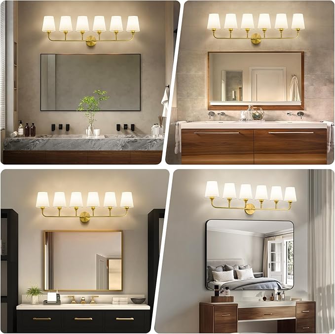 Kvhilw Bathroom Vanity Light, Brushed Gold Bathroom Light Fixtures, 6-Light Lighting Fixtures Over Miror, Modern Wall Sconce with Flared White Fabric Shade, E26 Socket(ETL Listed)