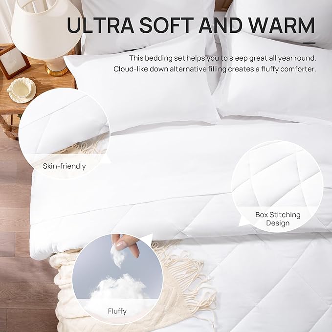 Love's cabin California King Comforter Set White, 7 Pieces California King Bed in a Bag, All Season Bedding Sets with 1 Comforter, 1 Flat Sheet, 1 Fitted Sheet, 2 Pillowcase and 2 Pillow Sham