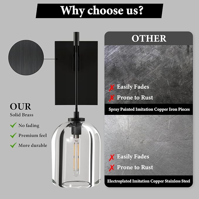 Crystal Brass Hemisphere Wall Sconce - Set of 2 Black Brushed Dimmable Sconces with Bulbs - Modern Hanging Light Decor - Luxury Indoor Lighting Fixture for Bedroom Living Room Bathroom Vanity Hallway