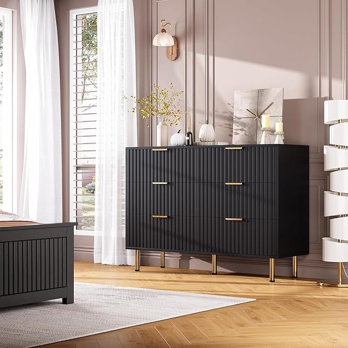GarveeHome Fluted 6 Drawer Dresser for Bedroom, 47.2 in Wide Modern Chest of Drawers with Deep Drawers, Large Double Dresser TV Stand, Wooden Organizer for Living Room, Hallway, Kids Room, Black