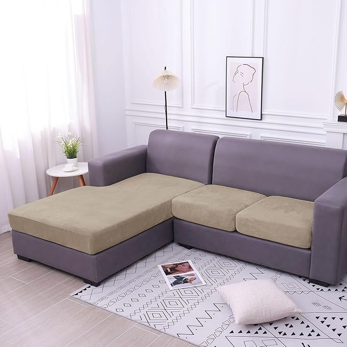 hyha Velvet Couch Cushion Covers, Stretch Chaise Lounge Sectional Couch Seat Covers L Shape for Sectional Sofa, Soft Sofa Cushion Slipcover Washable with Elastic Bottom(Chaise, Taupe)
