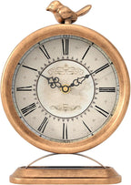 Vintage Table Clock with Bird, European Antique Style Gold Mantel Clocks, Desk and Shelf Decor Clock, for Farmhouse, Bedside, Living Room, Bedroom, Gift (9" H x 6.5" W)