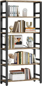 IRONCK Bookshelf, 31.5in Wide Shelf 6 Tier Bookcase, 110lbs/shelf Vintage Industrial Style Bookshelves for Bedroom, Living Room and Home Office, Industrial Brown