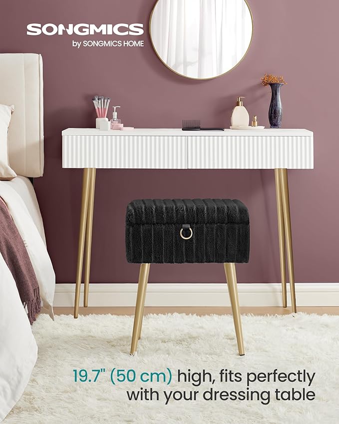 SONGMICS Vanity Stool Chair with Storage, Makeup Stool, Footrest Footstool Ottoman, Metal Legs, Adjustable Feet, for Living Room, Bedroom, Makeup Room, Ink Black ULOM505BZ02