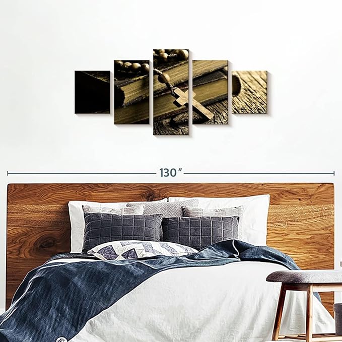 Elephant Stock Bible And Cross Wall Art Multi Piece Canvas - 5 Panel Christian Pictures Decor - Digital Design Canvas Print - Christian Wall Decor - 74" X 34"