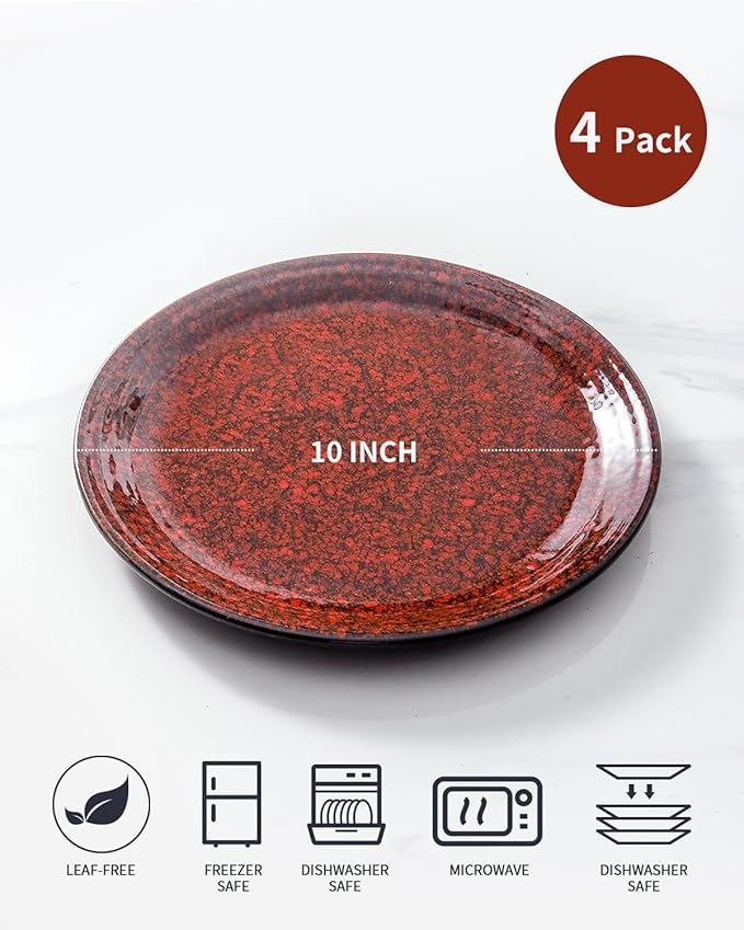 HASENSE Ceramic Dinner Plates Set of 4, 10 Inch Large Red Pasta Dessert Salad Serving Plates, Stoneware Steak Plate Set, Microwave and Dishwasher Safe