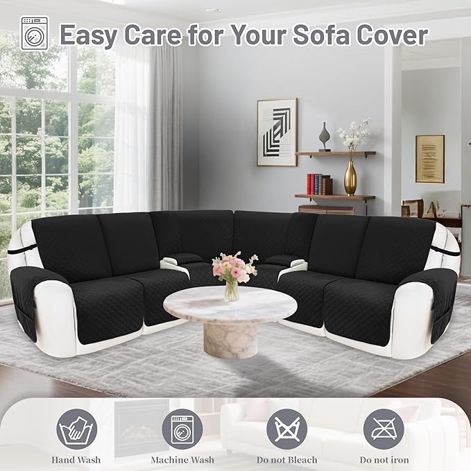 Reclining Sectional Couch Covers 100% Waterproof Velvet L Shape Recliner Couch Covers for Sofa Pets Washable Anti Slip Recliner Slipcovers with Pockets (5 Seat Sofa with 2 Console, Black)