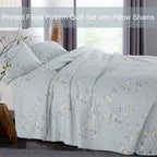 Exclusivo Mezcla Reversible Boho Quilts Queen Size, Light Blue Bedspreads Lightweight Coverlet All Season Flowers Quilt Bedding Set with Printed Floral Pattern (1 Quilt, 2 Pillow Shams)