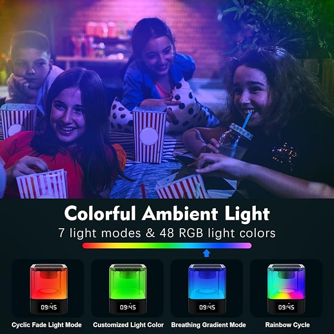 Night Light Bluetooth Speaker, Multi-Functional Dual Alarm Clock, MP3 Player, Touch Sensor Bedside Lamp, 48 RGB Color Changing, Gifts for 10 11 12 13 14 Year Old Teenage Boys Girls