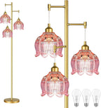 Glass Floor Lamp for Living Room,Bedroom,Gold Flower Mid Century Modern Standing Lamp Brass Tree 3 Light Tall Floor Lamps Vintage Floor Lights Pink Lamp Shade Farmhouse Boho Bohemian