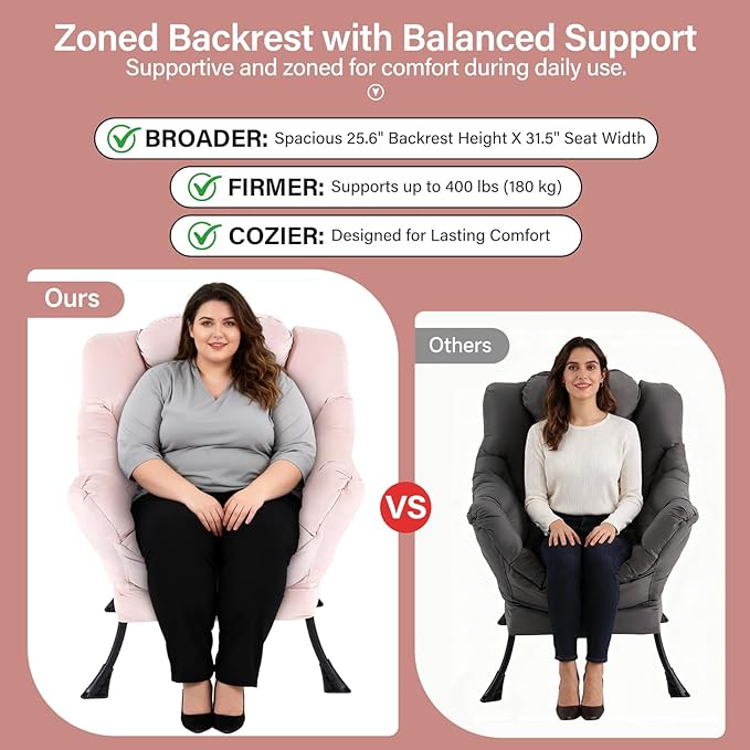 Lazy Chair with Ottoman, Modern Accent Chair with Lumbar Pillow, Velvet Pink Sofa, Lounge Chairs with Folding Footrest, Oversized Supportive Chairs for Bedroom, Reading
