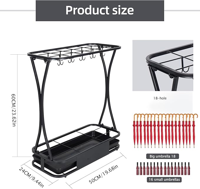 Umbrella Stand Rack with 18 slots Umbrella Holder for Entryway Umbrella Holder with Removable Drip Tray,Black Large