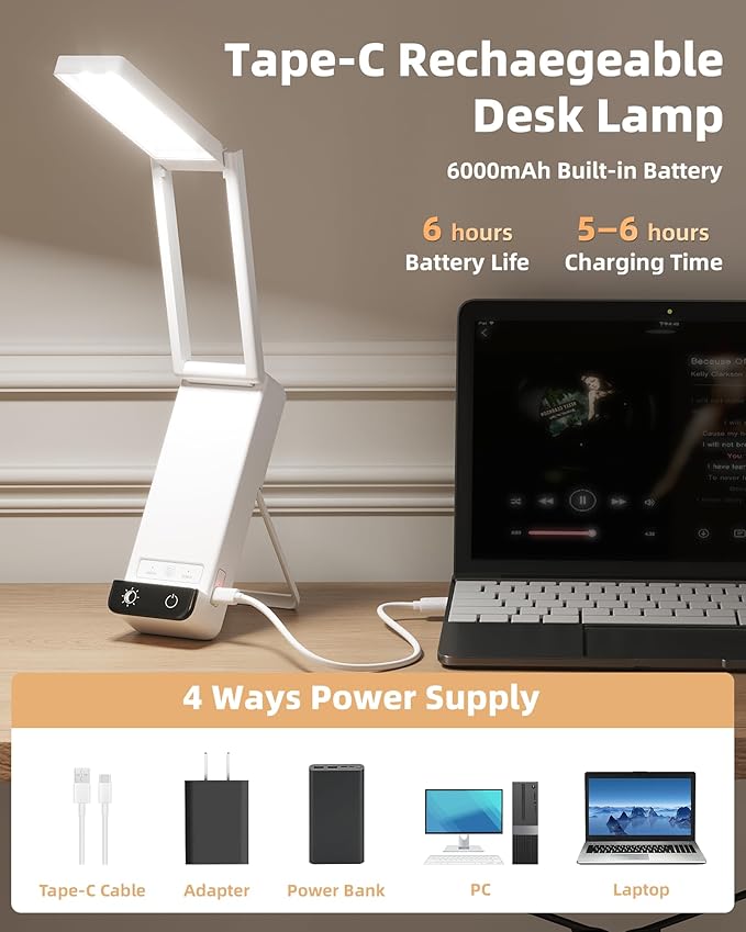 EZVALO LED Rechargeable Desk Lamp, 6000mAh Battery Operated Foldable & Portable Light,90Ra Cordless Table Lamp for Office Home, 3 Color Dimmable Small Desk Lamp Wireless Reading Lamp