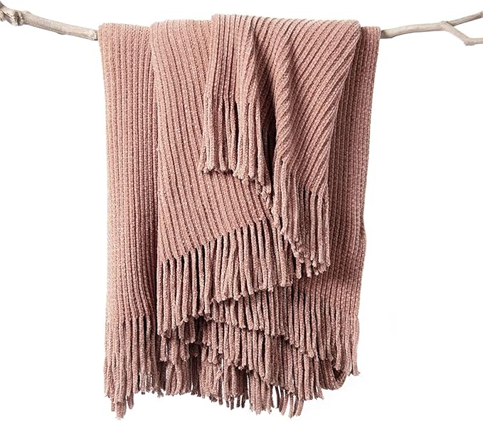 lifein Throw Blanket for Couch, Soft Boho Decor Bed Throw,Cozy Chenille Knitted Small Farmhouse Lightweight Throw (Pink,60 * 80")