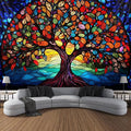 Tree of Life Wall Hanging Decor Tapestry with Stained Glass Colorful Wall Art Large Tapestry Mural Decor Photograph Backdrop Blanket Curtain Home Bedroom Living Room Decoration