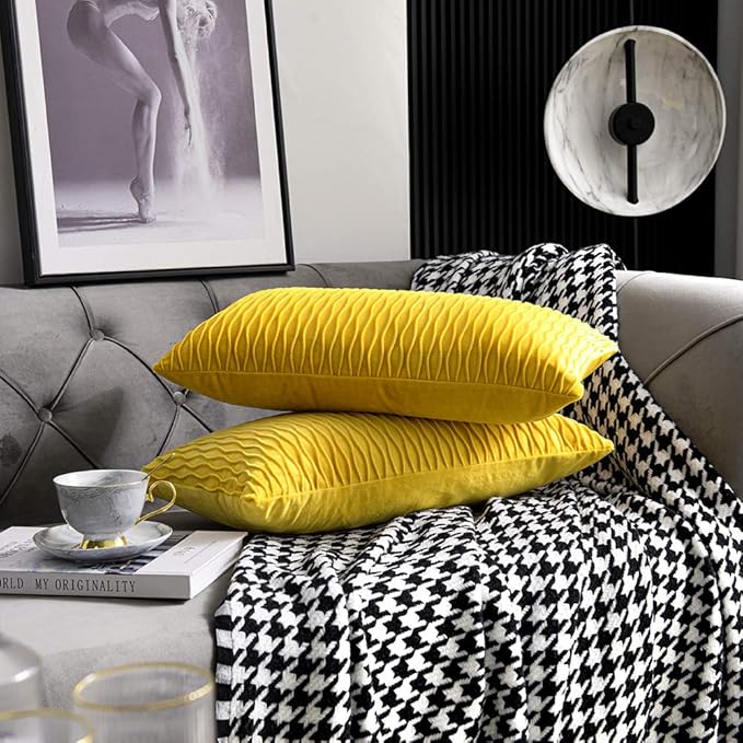 Mustard Yellow Couch Pillow Covers: 2 Pack 12x20 Inch Original Striped Velvet Rectangular Throw Pillow Cases for Farmhouse Home Decor
