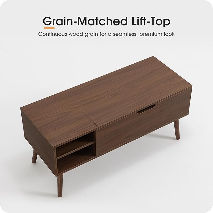 ALINE FURNITURE Walnut Brown Coffee Table Lift Top - Mid Century Modern Coffee Table with Wooden Legs, Hidden Storage Compartment & Open Shelves - 40" Wood Coffee Tables for Living Room & Small Space