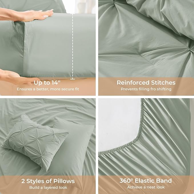 Sasttie Full Size Comforter Set, 7-Piece Bed in a Bag Double, Pintuck Bedding Set for All Season, Includes Comforter, Flat Sheet, Fitted Sheet, Pillowcases and Pillowshams, Sage Grey