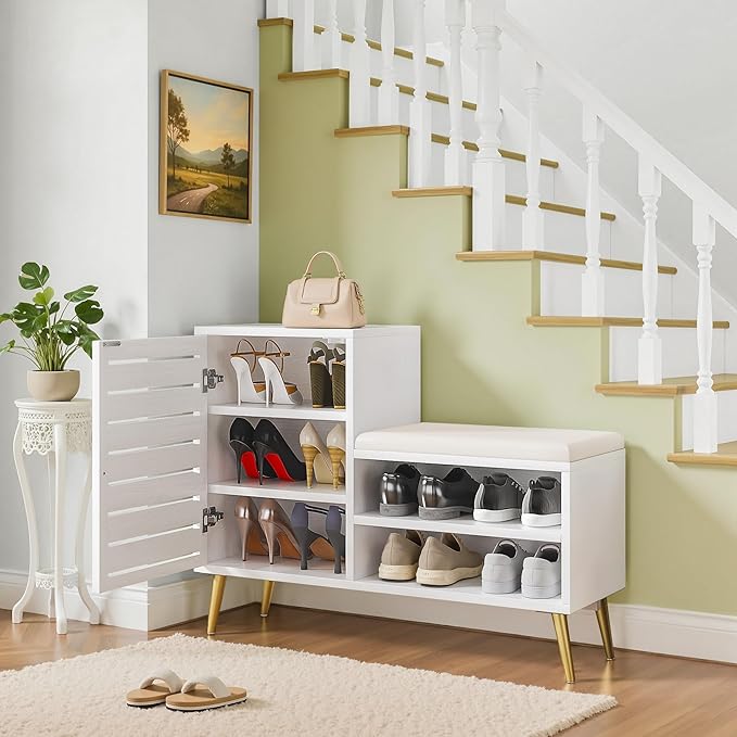 VECELO Shoe Storage Bench with Door&Shelf, Entryway Bench with Seat Cushion, for Hallway, Bedroom, Living Room, L-Shaped, White