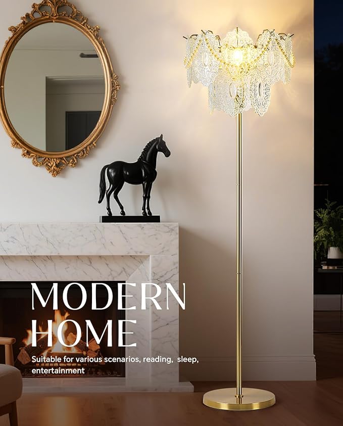 Gold Glass Floor Lamp, 63" Modern Vintage Standing Lamp with Imitation Pearl Decoration, Double-Layer Figured Glass shade, Elegant Brass Standing Floor Lamps for Living Room, Bedroom, Bulb Included