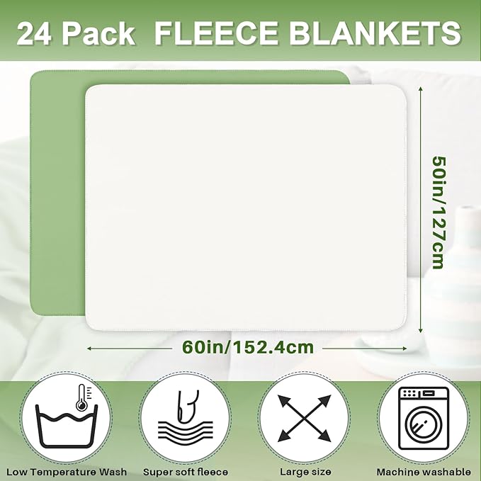 Newwiee 24 Pcs Fleece Throw Blankets Bulk 50'' x 60'' Oeko-tex Standard 100 Certified Spring Outdoor Wedding Guest Blankets Lightweight for Sleepover Donation Lap Pet Sofa Home (Light Green/White)