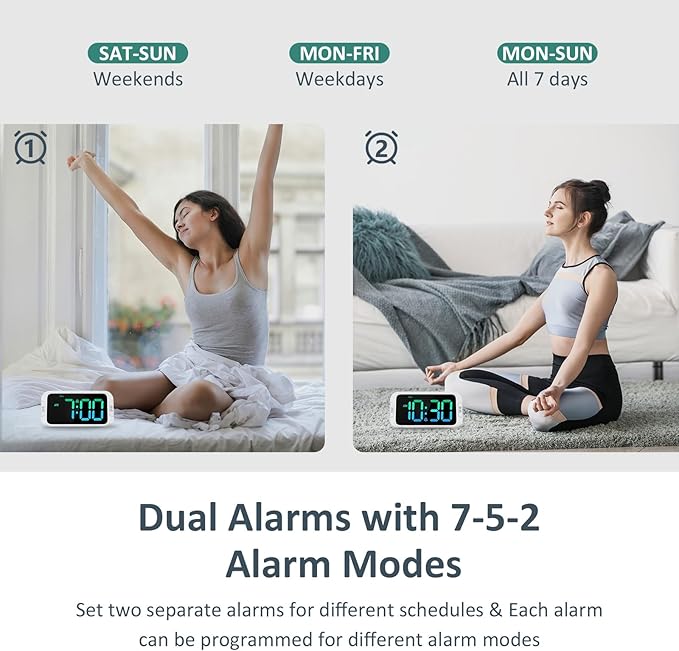 Dual Colorful Alarm Clock for Kids Bedroom - 0-100% Dimmer, 5 Alarm Sounds, USB Charger, Easy to Set, Weekday/Weekend Mode, Snooze, 12/24Hr, Battery Backup, Digital Clock for Teens Boys Bedside