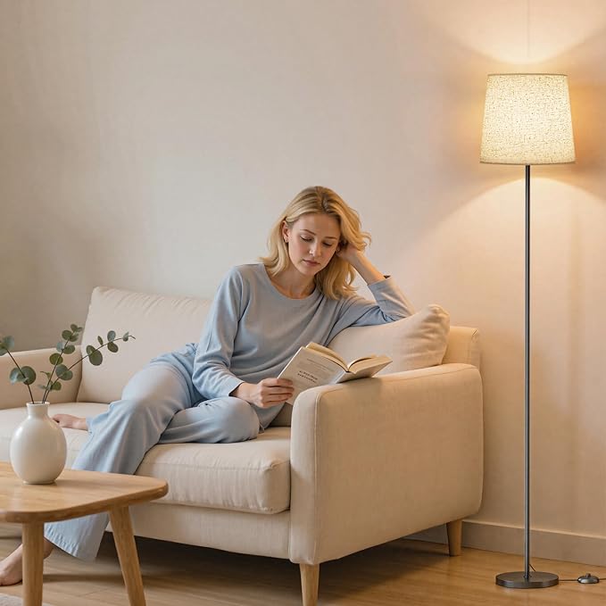Floor Lamp with Linen Shade - 62" Dimmable LED Standing Lamp with Remote Control, 9W E26 Bulb Included, 3000-6000K, Modern Floor Reading Light for Bedroom Living Room Office Corner, Black