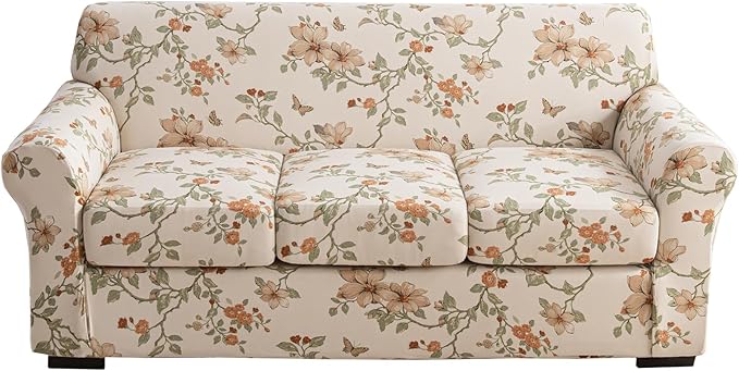 KRFOONN 4 Piece Printed Sofa Couch Cover for 3 Cushion Couches Stretch Sofa Slipcovers with 3 Separate Seat Cushion Covers Washable Furniture Protector with Elastic Bottom (Sofa, 57)