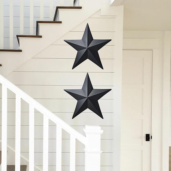 JoyEvy 15.5” Black Barn Star Wall Decor,Metal Stars for Outside Rustic Vintage Western Country Farmhouse Home Wall Decoration,Texas Stars for House Art Décor(Set of 2)
