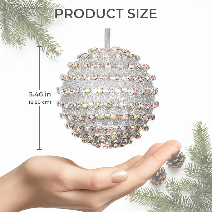 Iridescent Crystal Rhinestone Ball Ornaments, 4 Pack Handcrafted Sparkling Christmas Tree Decorations, Hanging Ornaments for Holiday & Home Décor in Luxury Gift Box