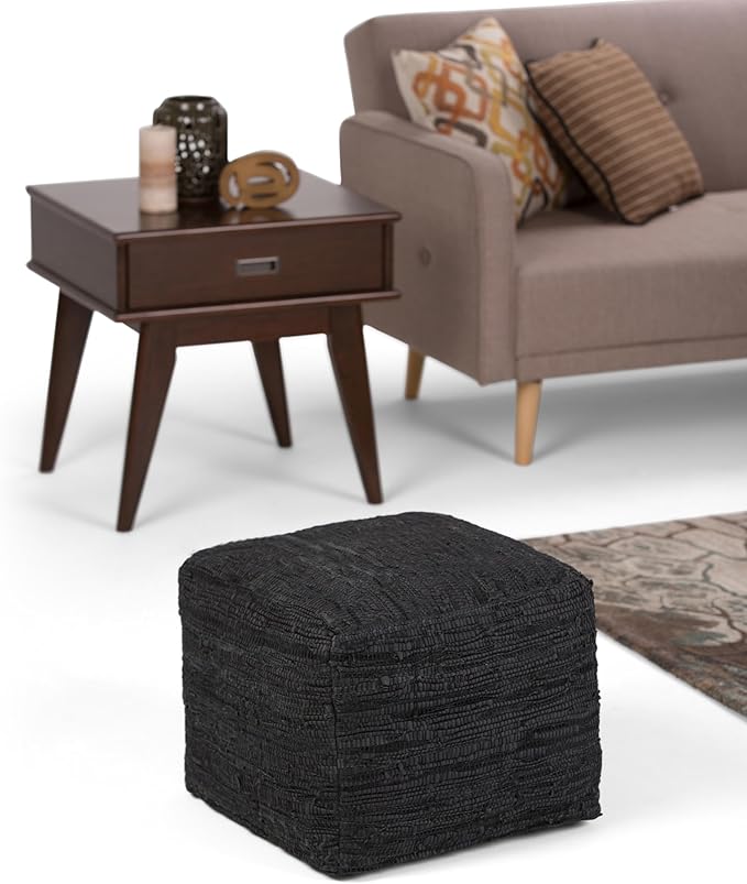 SIMPLIHOME Fredrik Square Pouf - 18 inch Wide Genuine Woven Leather Ottoman in Black, Boho-Style Footstool or Extra Seating for Living Room or Bedroom with Polystyrene Bead Filling, Assembled