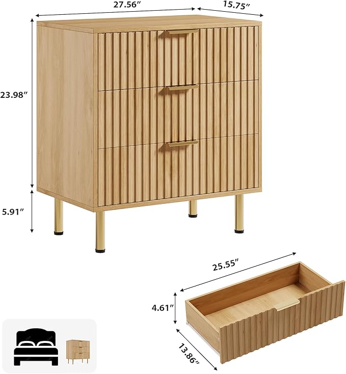 GarveeHome Natural 3 Drawer Dresser for Bedroom, Fluted Modern Nightstand with Deep Drawers, Chest of Drawers with Wide Top, Wooden Dresser Organizer, Side Table for Living Room, Hallway, Kids Room
