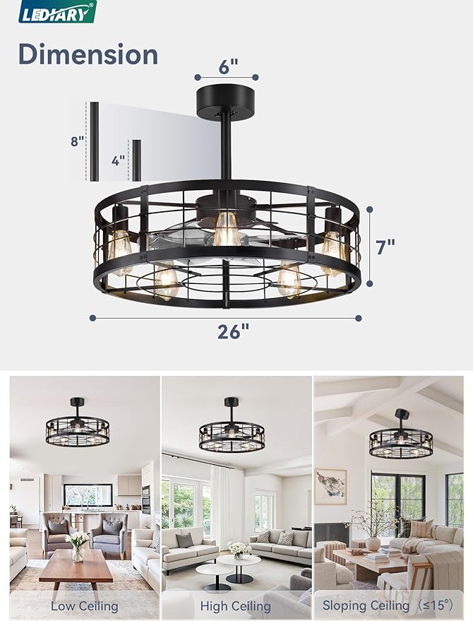 LEDIARY 26 inch Fandelier Caged Ceiling Fan with Light, Bladeless Ceiling Fan with Remote, Farmhouse Fan Lights Ceiling Fixtures for Kitchen, Bedroom, Outdoor(6 Speed, Timing)-Black