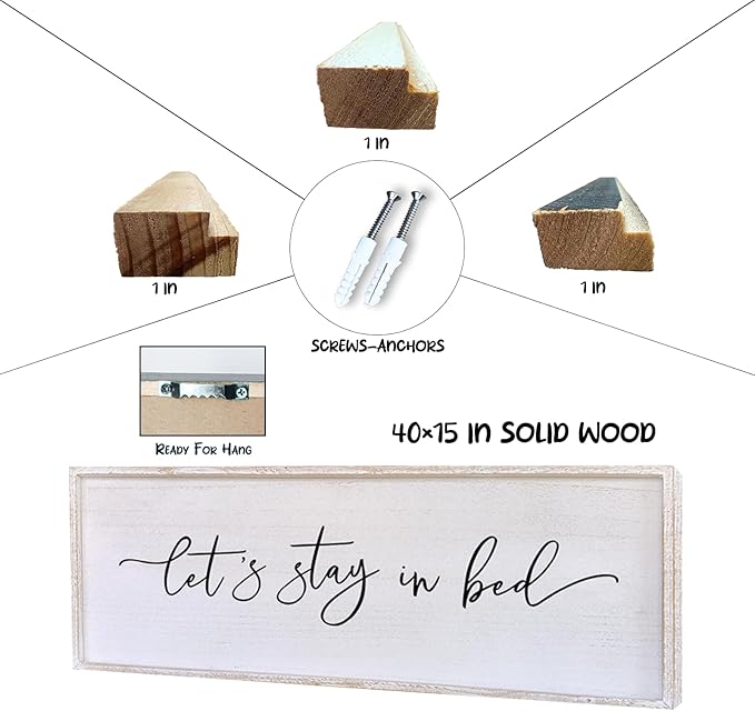 Surfapans Lets Stay In Bed Wall Decor 40”X15” Large Farmhouse Master Room Above Over Bed Rustic Guest Room Sign Beautiful And Simple Plaque Hanging Wall Art Decoration (White)