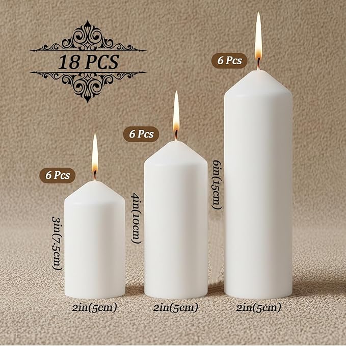 18 Pcs White Pillar Candles Bulk Set，Hurricane Candles，2x3 2x4 2x6 Inch - 12 Each Size，Dripless Unscented Smokeless，Gives You a Better Atmosphere When Organizing an Event Party.