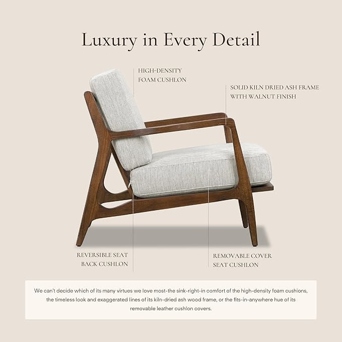 Poly & BARK Verity Fabric Accent Chair – Fabric Armchair with Walnut Wood Frame – Fashion-Forward Lounge Seating for Living Room – Upholstered in Bright Ash