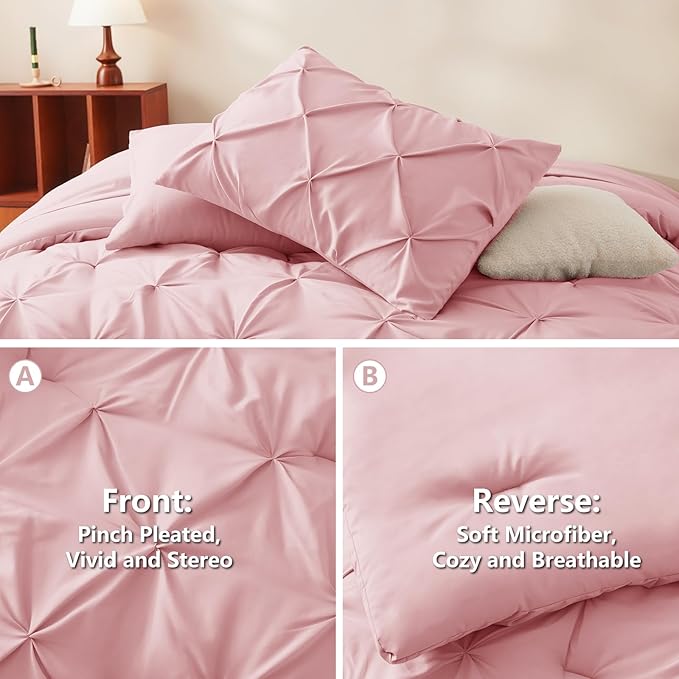 CozyLux King Size Comforter Set Pink, 7 Pieces Pintuck Bed in A Bag Pink Comforter King Size, Pinch Pleat Bedding Set with All Season Comforter, Sheets, Pillowcases & Shams