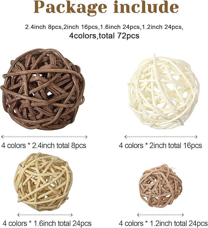 Patelai 72 Pcs Wicker Rattan Balls Decorative Balls for Vase Centerpiece Bowls Orbs Filler for Spring Summer Craft Home Decor, 4 Sizes(White, Wood, Camel, Coffee)