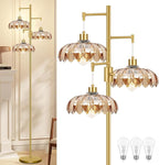 Dimmable Floor Lamp for Living Room Bedroom-3 Light Gold Floor Lamp with Glass Lampshape, Flower Tall Lamp Mid Century Modern Standing Lamp Glass Tree Floor Lamps for Living Room Bedroom,Corner