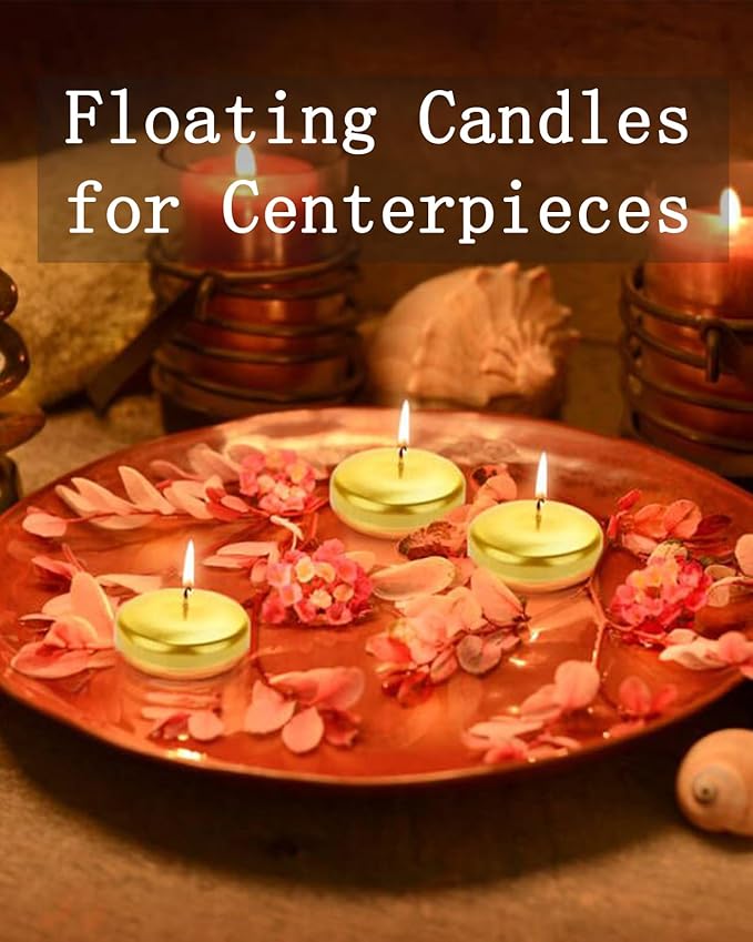 Floating Candles 3 inch Unscented and Non-Dripless Wax Burning for 13-15 Hours, 12 Pack Gold Floating Candles Used for Cylindrical Vases, Centerpieces at Parties Wedding and Home Decorations