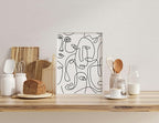 Abstract Face Pattern Wall Art Collage of Modern Faces Continuous Line Drawing 11x14 Inch Oak Wood White Framed Artistic Aesthetic Print for Living Room