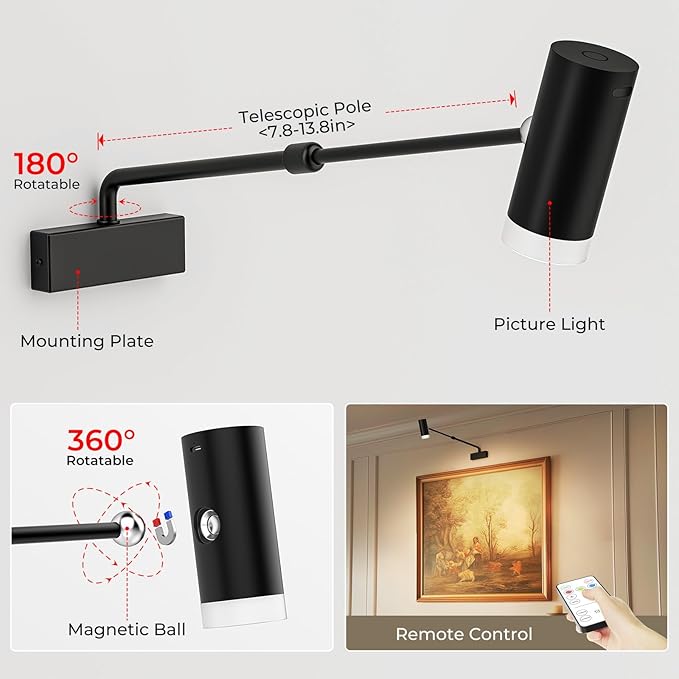 PESUTEN Battery Operated Picture Light, Adjustable Length Wireless Art Light for Paintings CCT Dimmable Rechargeable Picture Light with Remote Control for Gallery Reading Dartboard Bathroom 2PCS