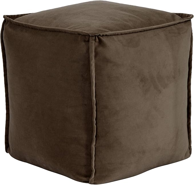 Howard Elliott Square Pouf Ottoman Foot Rest With Cover, Round Stuffed Filled Foot Stool, Fluffy Compact & Comfortable Soft Seating for Living Room & Bedroom, 20 x 20 x 18 Inch, Brown
