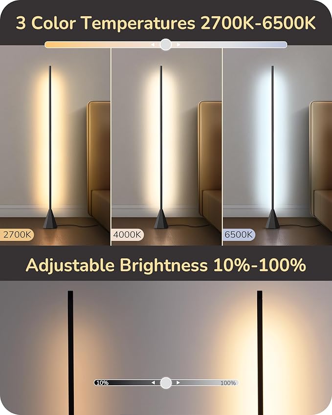 EDISHINE LED Corner Floor Lamp, New Gesture Control Dimmable Corner Light with Remote Control, 3000K-6000K Eye Caring Standing Lamp, Modern Minimalist Lit Lamp for Bedroom, Living Room, Office, Black